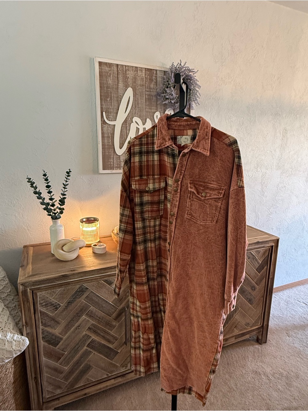 Oli & Hali Two-Tone Rust Plaid & Corduroy Shacket